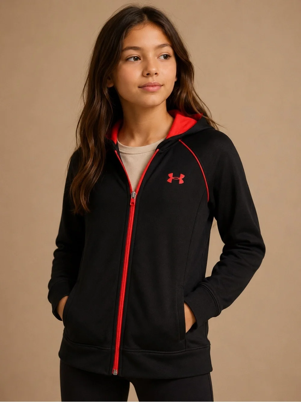 Under Armour Girls Black Red Full Zip Hoodie YLG Athletic Gym Athletics